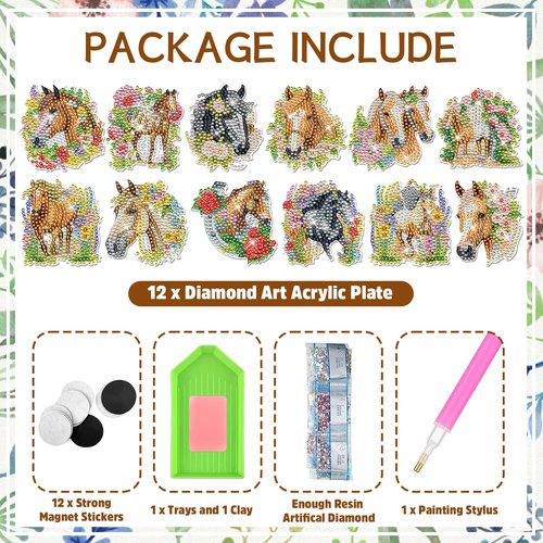 INCOK Diamond Art Refrigerator Magnets - 12 PCS Horse Diamond Painting Fridge Magnet Stickers Kits DIY Refrigerator Diamond Art Craft for Adult Beginners Home Decors Christmas Gift Horse Lover