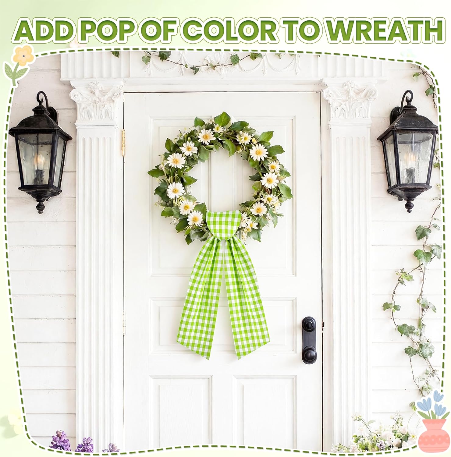 Regine Switzerland Spring Wreath Sash - 56 Inch Green & White Plaid for Holiday Decor | Indoor & Outdoor Use