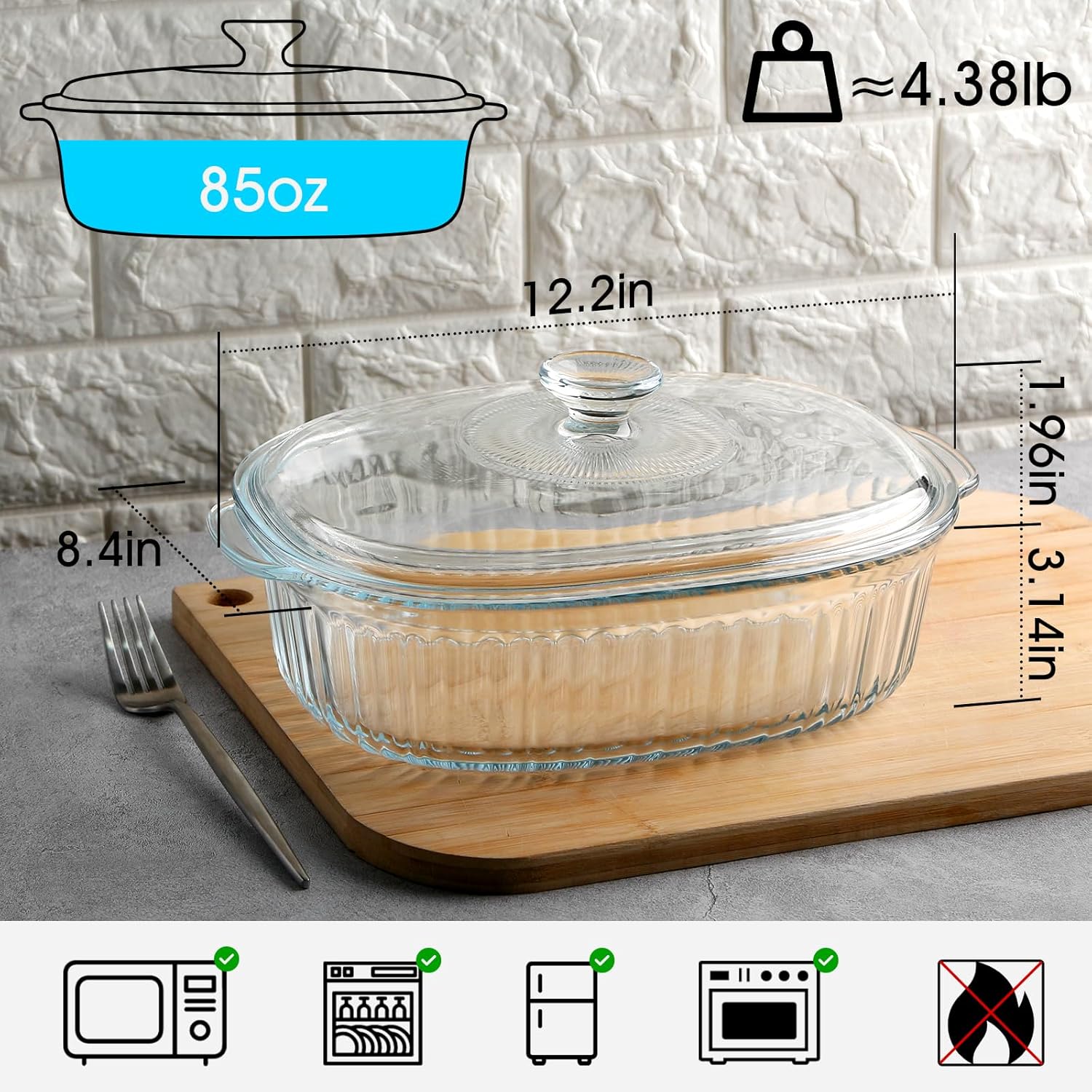 NUTRIUPS Glass Casserole Dish - Borosilicate Glass Baking Dish with Lid | 3QT Oven Safe