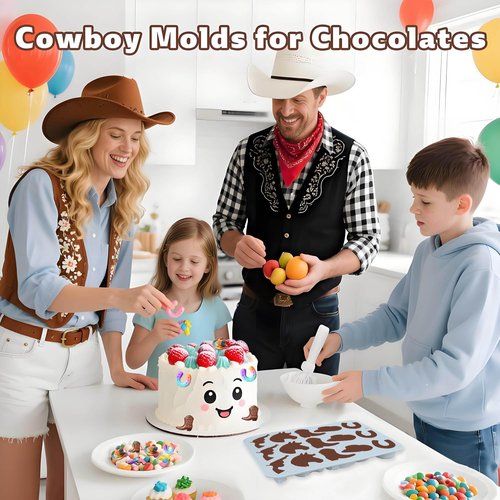 Cowboy Chocolate Molds, 2 Pcs Western Silicone Candy Fondant Mold, Cowboy Hat Boot Horse Saddle Shaped Mould, for DIY Baking Cupcake Cake Party Desserts Decorations (Light Blue)