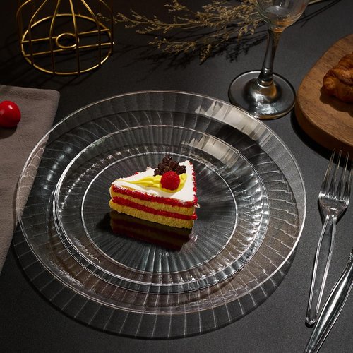 FOCUSLINE 100 Count Clear Plastic Plates 7 Inch, Disposable Heavy Duty Salad Dessert Plates- Premium Hard Plastic Plate Fancy Disposable Clear Plate for Weddings, Parties and Events