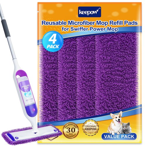 KEEPOW Reusable Microfiber Mop Pads Compatible with Swiffer PowerMop 4 Pack, Power Mop Pads Refills for 13 ''-15 '' Spray Mop, Machine Washable Pad Replacement for Multi-Surface Floor Cleaning