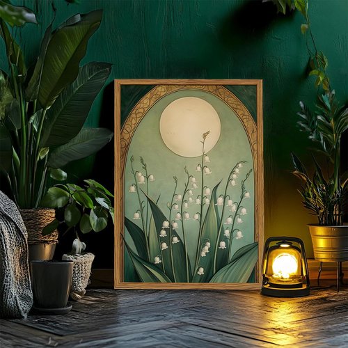 Framed Vintage Lily of the Valley Wall Art - Moody Boho Floral Canvas Print | Emerald Green 12x16in