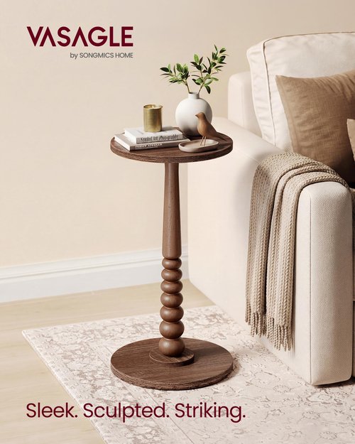 VASAGLE MARIEL Collection - Round Side Table, Small Drink End Table for Small Spaces, Accent Nightstand, Solid Wood Leg, Mid-Century Modern, for Living Room Bedroom, Chestnut Walnut ULET293KX01S