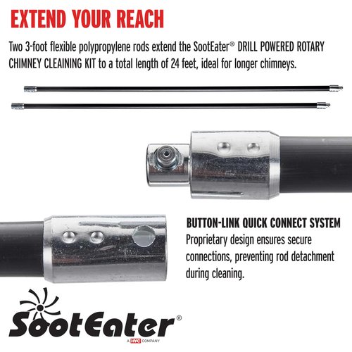 Gardus SootEater Rotary Chimney Rod Set - 6' Rotary Black Chimney Cleaner Extension Rods Kit w/a Quick-Connect System, for Long Chimney Pole, CRD307.