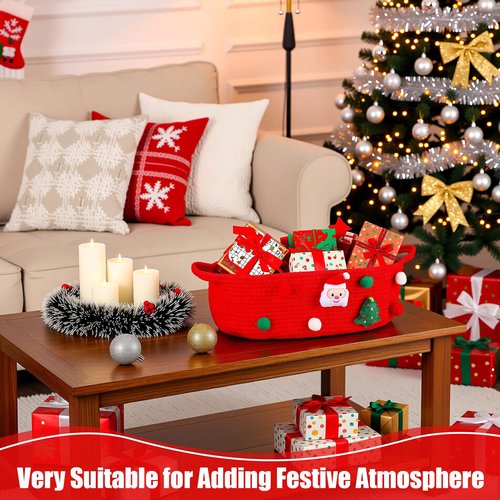 FoldTier 1 Pack Christmas Gift Basket Empty 15 x 9.9 x 5.1 Inch Santa Red Christmas Storage Bin with Handles, Woven Cotton Rope Basket for Gifts Holiday Treats Party Supplies, Home Xmas Decorations