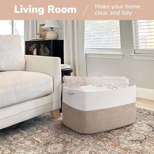Goodpick Large Blanket Basket - Woven Cotton Rope Storage for Organizing | 22" x 17" x 12" | White & Brown