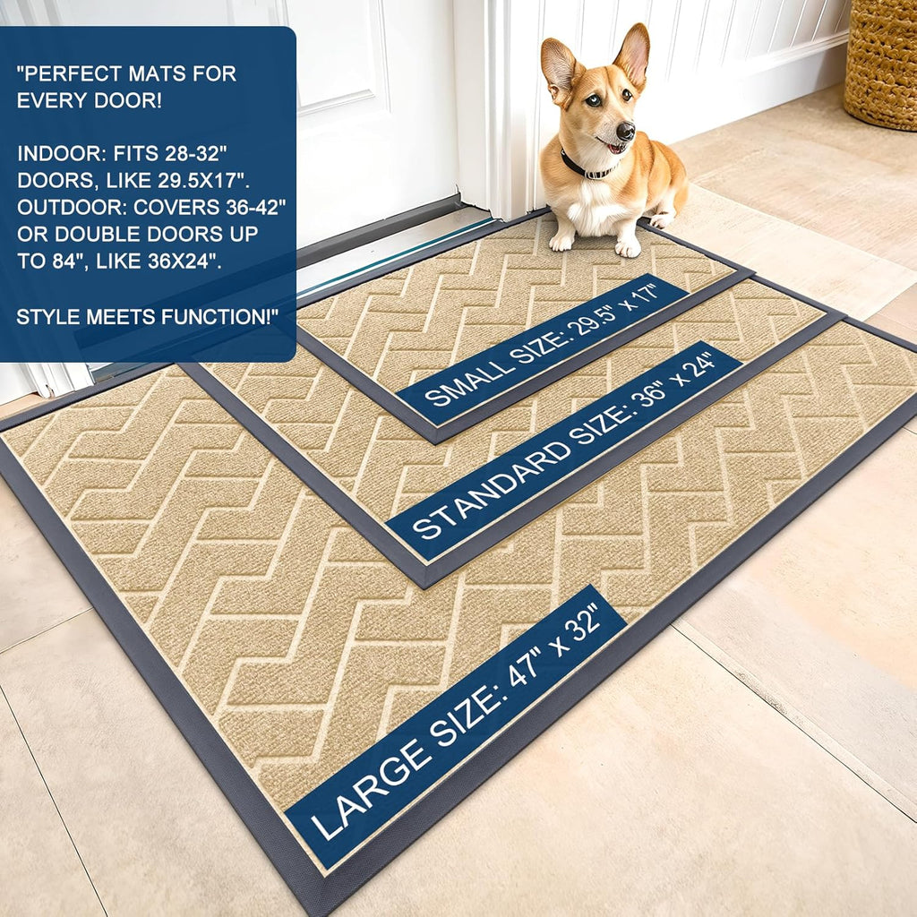 OLANLY Waterproof Front Door Mat - All-Season Indoor/Outdoor Doormat | Sturdy Natural Rubber, Low Profile, Herringbone Brick (Beige, 59x35)