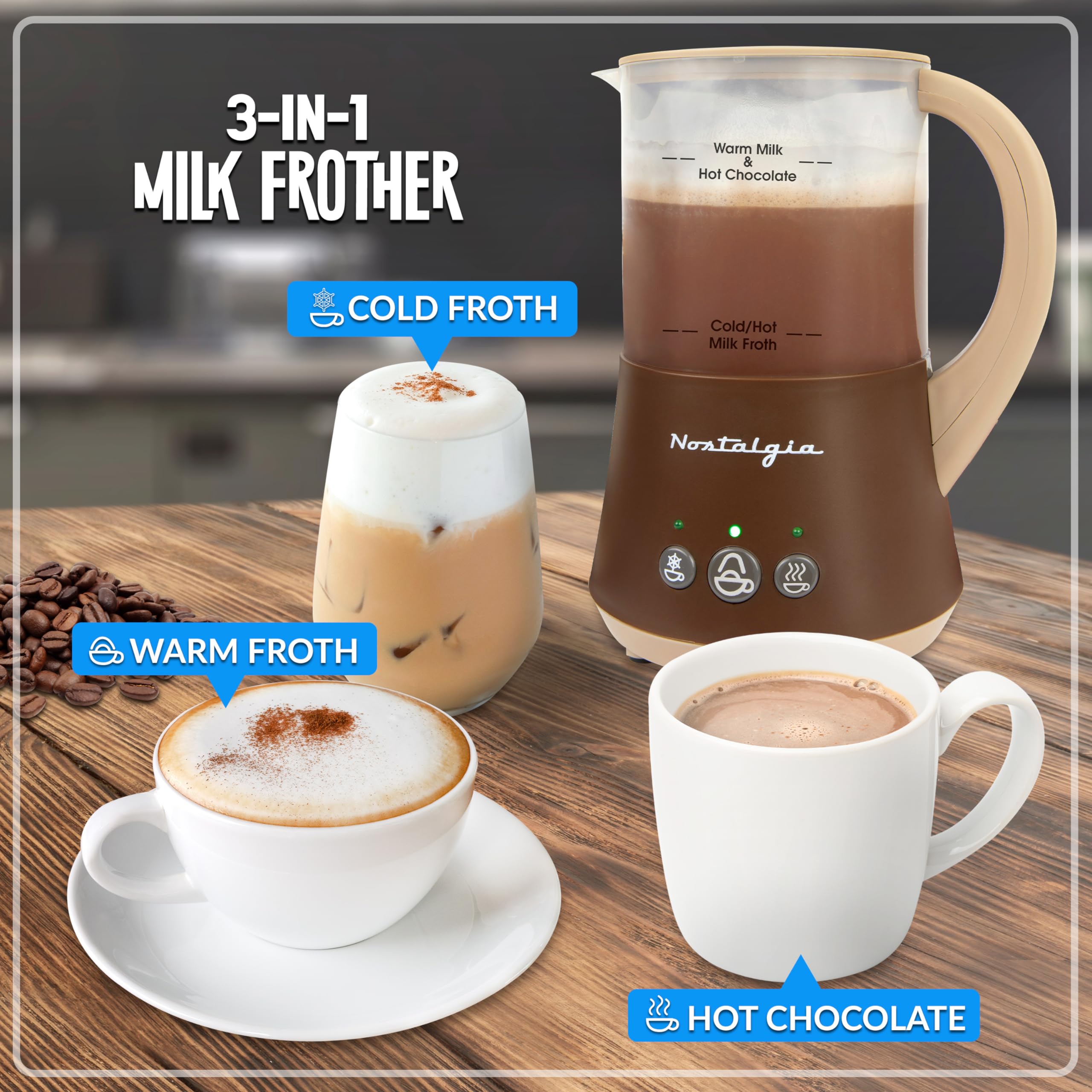 Nostalgia 32 Oz Frother and Hot Chocolate Maker, Warm or Cold Milk Foam, Includes Cocoa Bomb Mold, for Coffees, Lattes, Cappuccinos, Brown