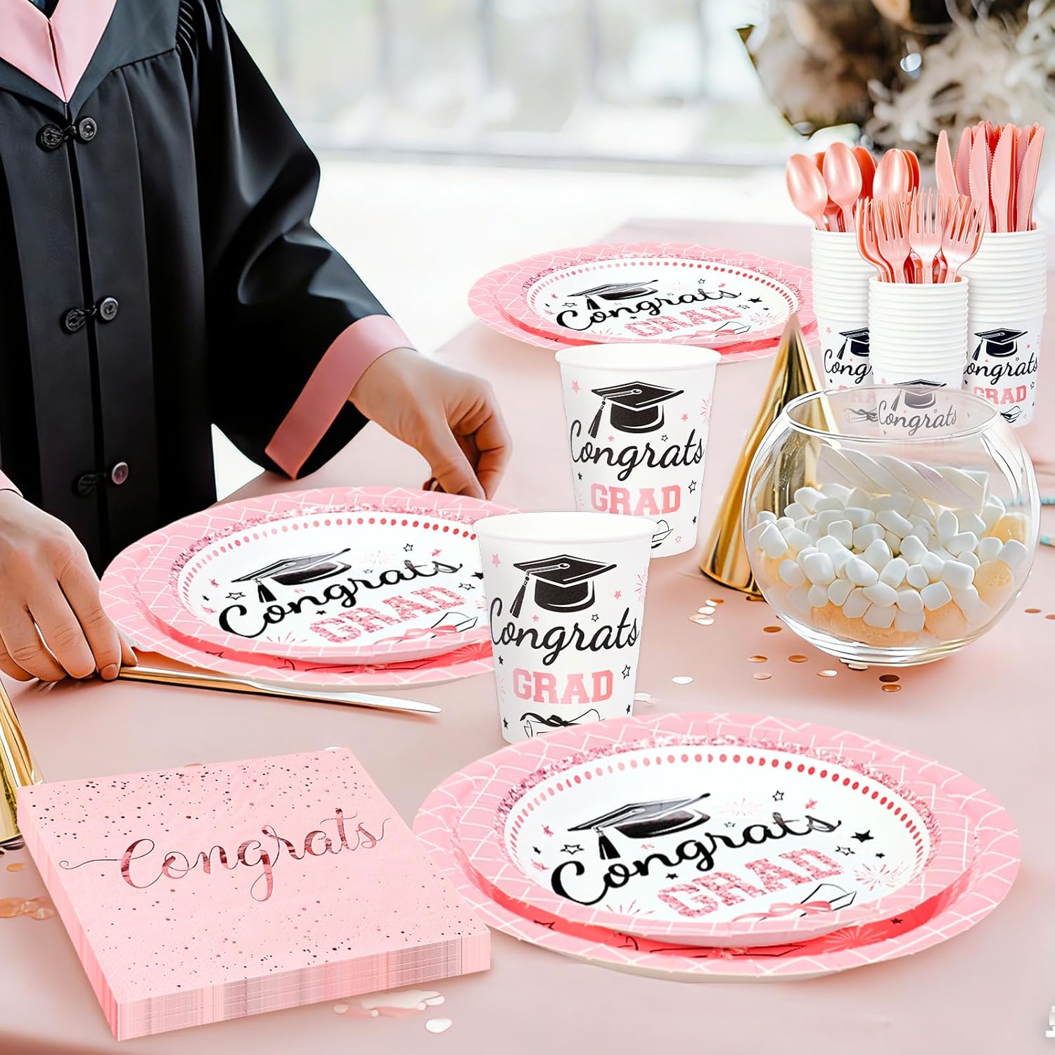 Whaline Graduation Paper Plates Set - 175 Pcs Pink Dinnerware for 25 Guests | Disposable Tableware & Napkins
