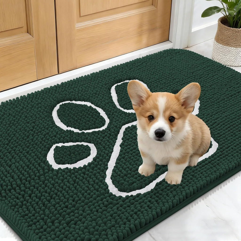 OLANLY Dog Door Mat - Absorbent Non-Slip Mud Mat for Muddy Paws | 24x16 Paw Print Design, Quick Dry Chenille, Blackish Green