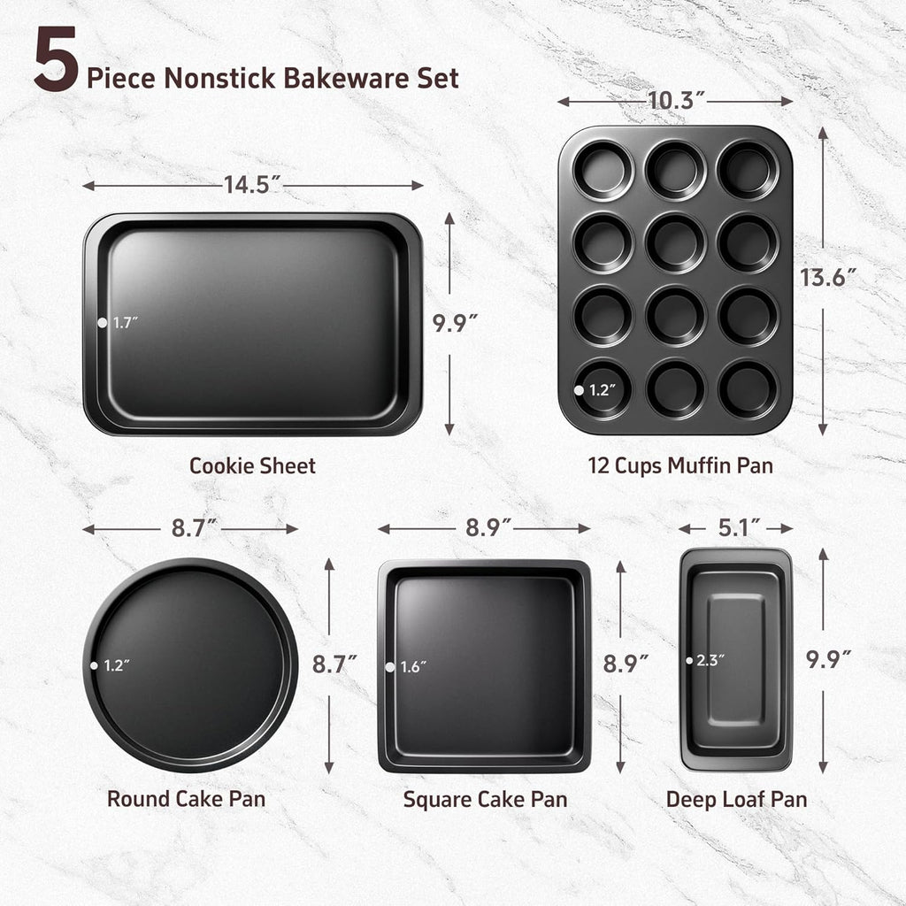 CasaCulina Nonstick Baking Pans Set - 5-Piece Bakeware Collection with Round, Square & Muffin Pans | Black