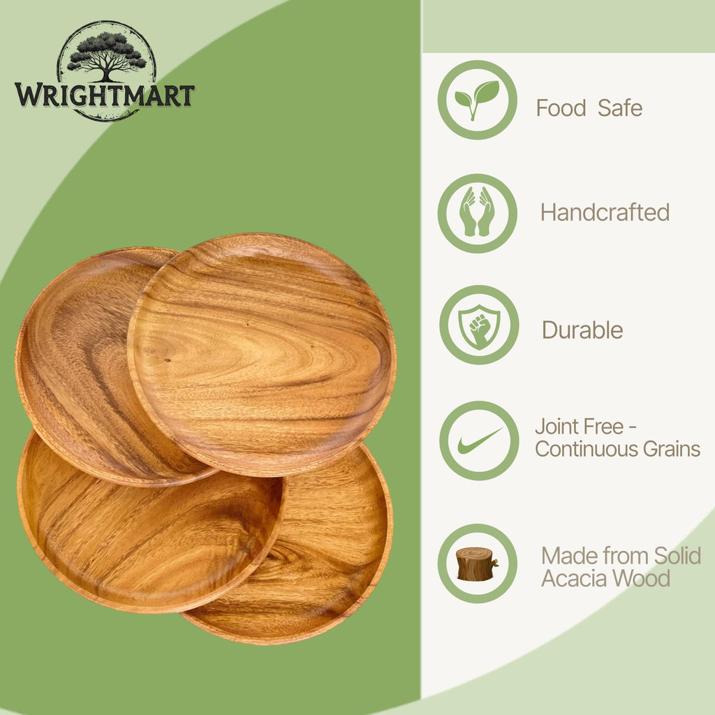 WRIGHTMART Set of 4 – 10 Inch Round Acacia Wood Dinner Plates – Solid Hardwood Wooden Plates for Steak, Pasta, Salad, BBQ, Charcuterie – Natural Wood Grain Dinnerware