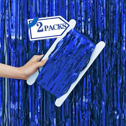 Blue Metallic Tinsel Foil Fringe Curtains by [Brand Name] - 2 Pcs Backdrop for Birthday, Wedding & Baby Shower | 3.28 ft x 6.56 ft