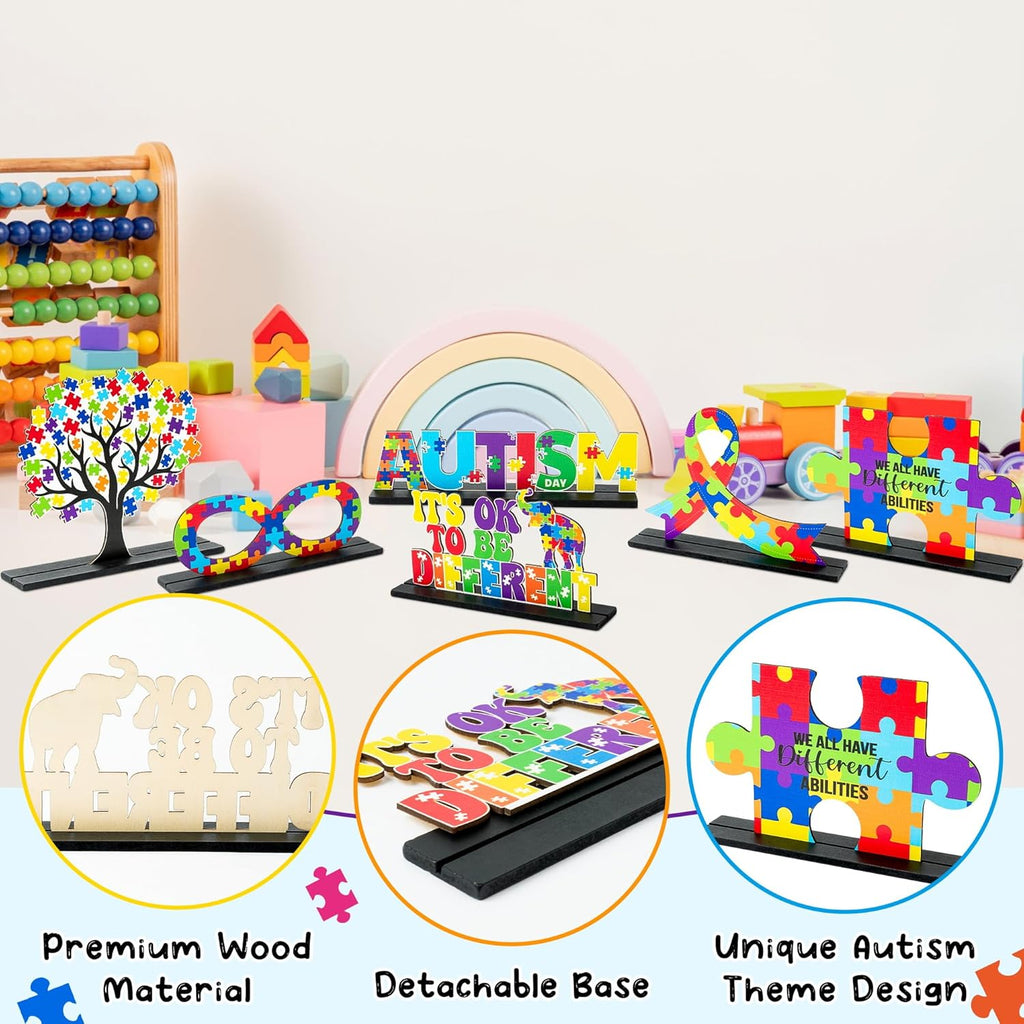 Skiennix Autism Awareness Wood Tiered Tray Centerpieces - 6Pcs Puzzle Pieces Letter Decor for Inspirational Desk & Shelf