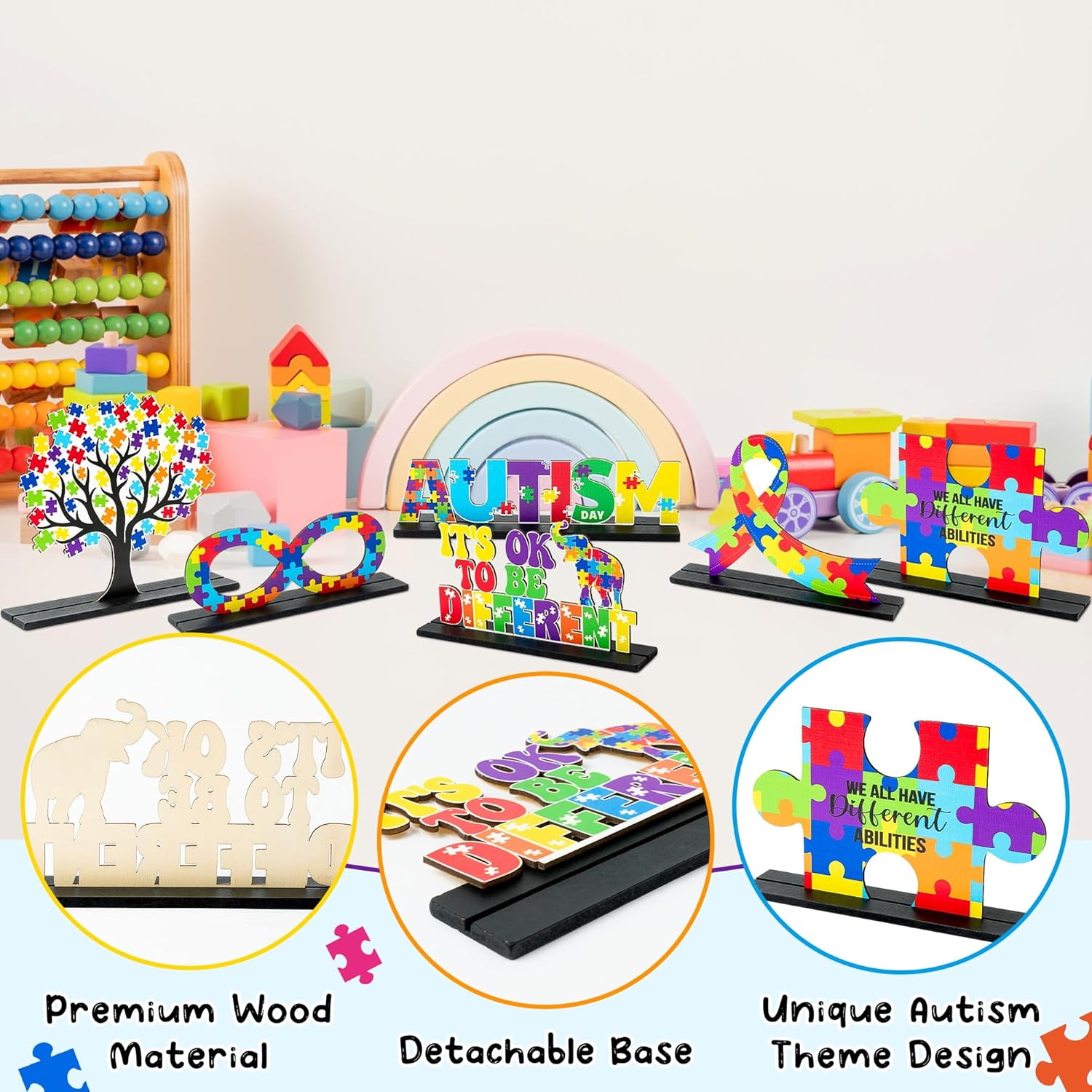 Skiennix Autism Awareness Wood Tiered Tray Centerpieces - 6Pcs Puzzle Pieces Letter Decor for Inspirational Desk & Shelf