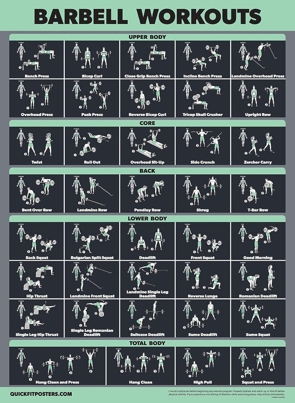 Palace Learning Dumbbell & Barbell Workout Poster Set - Laminated 2 Chart Set | 18” x 24” Size