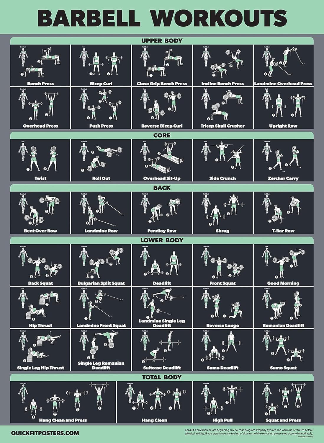 Palace Learning Dumbbell & Barbell Workout Poster Set - Laminated 2 Chart Set | 18” x 24” Size
