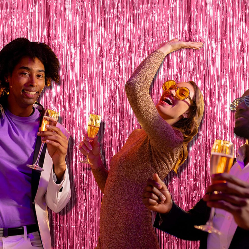Skiennix Pink Tinsel Curtain Backdrop - 2 Pack Foil Fringe Decorations for Parties & Photo Booths