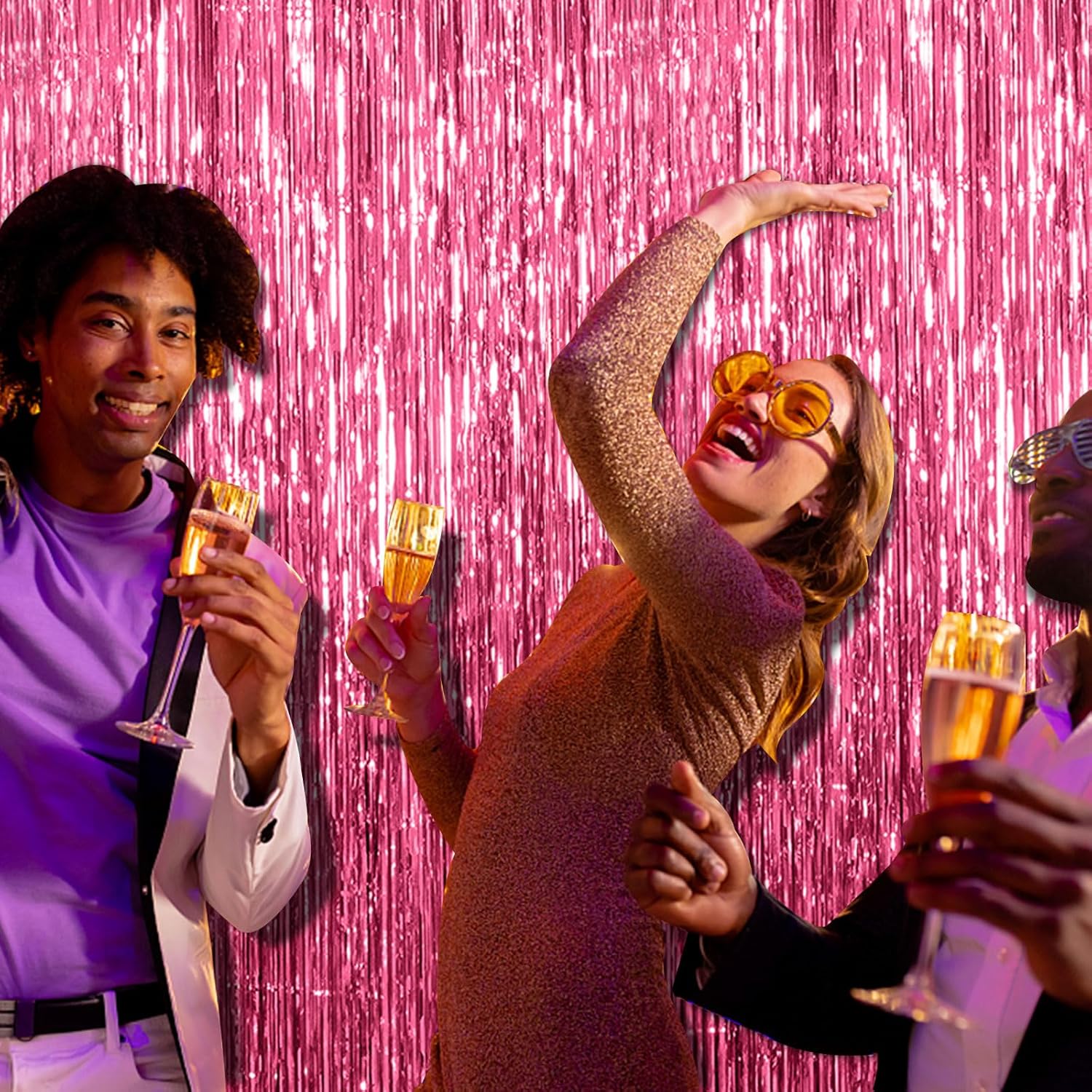 Skiennix Pink Tinsel Curtain Backdrop - 2 Pack Foil Fringe Decorations for Parties & Photo Booths