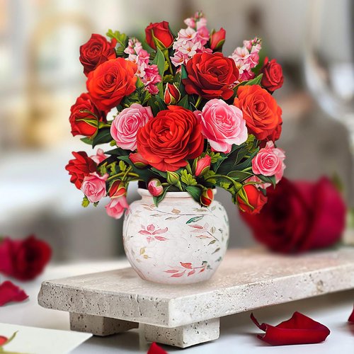 Freshcut Paper Pop Up Cards, Mini Blooming Roses (Set of 2), 6 Inch Mini Sized Forever Flower Bouquet 3D Popup Greeting Cards, Valentine's Day, Anniversary Card, Blank Notecard & Envelope