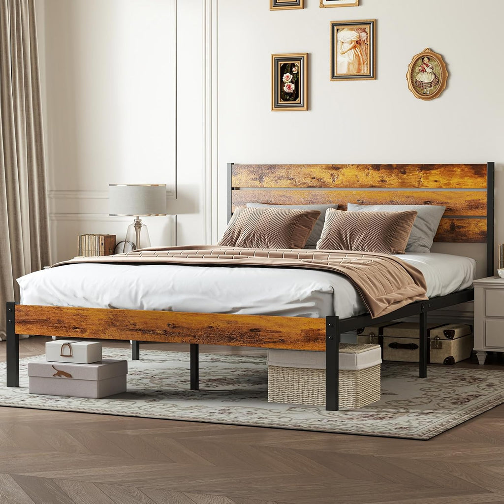 Sweetcrispy Queen Size Bed Frame - Sturdy Metal Support, Under Bed Storage, Easy Assembly | Rust Brown