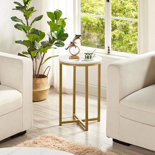 Yaheetech Faux Marble Side Table, 16in Modern Accent Sofa Table, Round Tabletop, Sturdy Metal Legs for Living Room, Mustard Gold