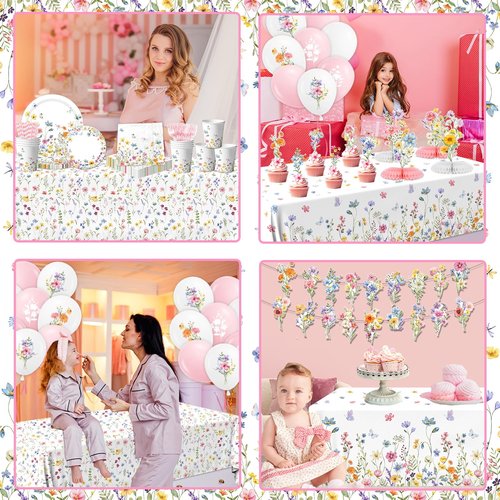193Pcs Spring Wildflower Party Decorations Include Plates, Napkins, Cups, Balloons, Banner, Tablecloth, Cake Toppers, Honeycombs for Floral Birthday Baby Shower Party, Serve 24