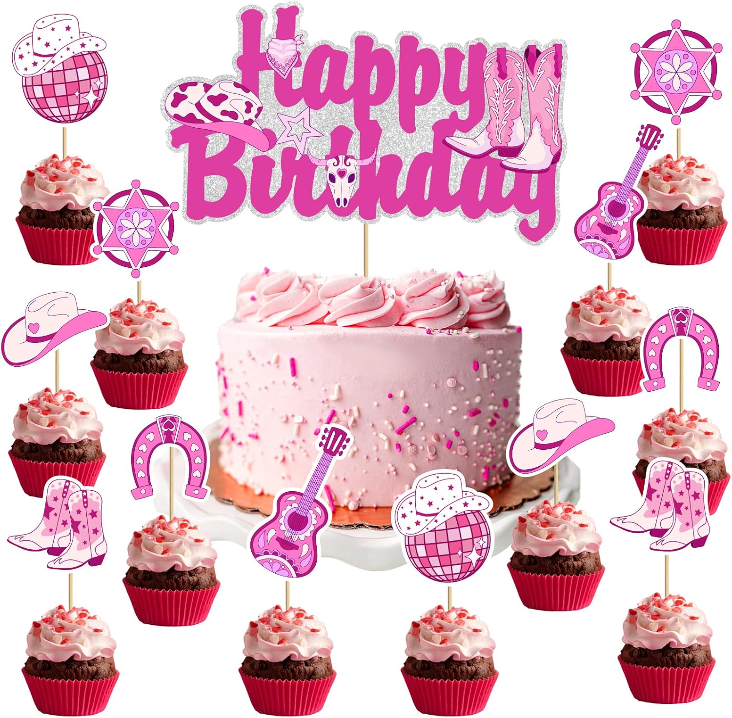 Skiennix Disco Cowgirl Cake Topper - Hot Pink Western Birthday Decoration for Women | Retro Rodeo Theme