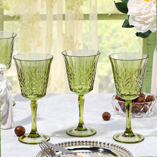 10oz Green Plastic Wine Glasses Goblets Stemmed Wine Glasses Set of 12 Shatterproof and Reusable Crystal Glasses Set for Wedding Reception Grand Event Party Ceremony (24, Green)