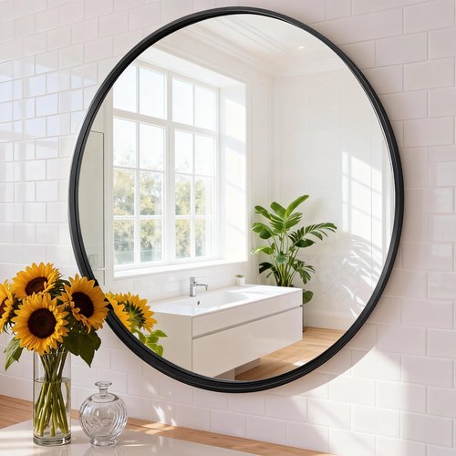 NEWBULIG Round Bathroom Mirror 24", Wall Mirror with Aluminum Alloy Thin Frame, Bathroom Mirrors for Over Sink, Bedroom, Living Room, Entryway, Black