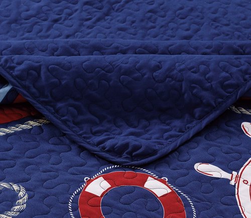 Kids Zone Home Linen Bedspread Set Navy Blue Red White Ships Rope Anchor Stripes New (Full/Queen)