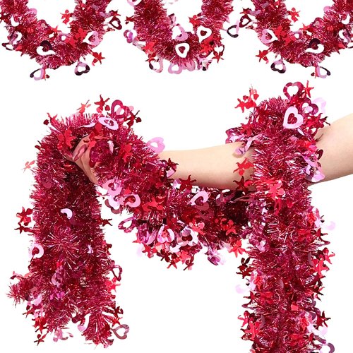 40Ft Tinsel Garland Red Pink Heart Garland Metallic Twist Shiny Hanging Decoration for Wedding Anniversary Birthday Indoor Outdoor Party Supplies