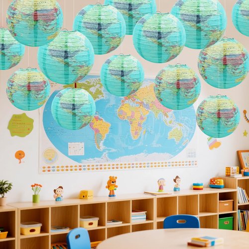 Songjum 14Pcs World Map Paper Lanterns Classroom Decorations 10 in and 8 in Classroom Hanging Ceiling Decor Earth Globe Lantern Fans for Back to School Around Travel Earth Theme Party Decor Supplies