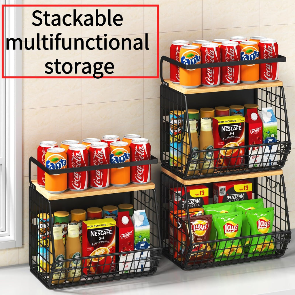 DecruKaltiz Magnetic Shelf for Fridge with Bamboo Lid,Fruit Vegetable Potato and Onion Wire Basket, Refrigerator Magnetic Spice Rack for Countertops, Cabinets, Laundry Rooms and RVs (Black, 1 Pack)