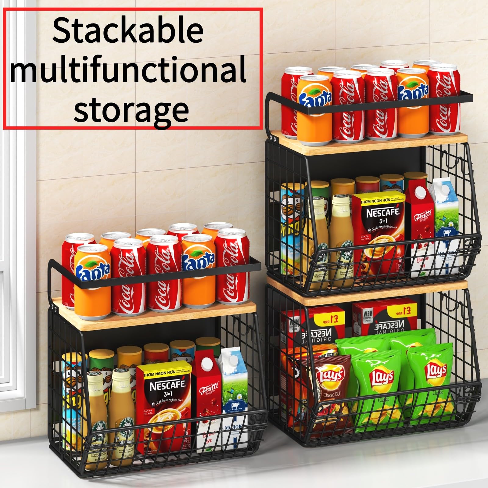 DecruKaltiz Magnetic Shelf for Fridge with Bamboo Lid,Fruit Vegetable Potato and Onion Wire Basket, Refrigerator Magnetic Spice Rack for Countertops, Cabinets, Laundry Rooms and RVs (Black, 1 Pack)
