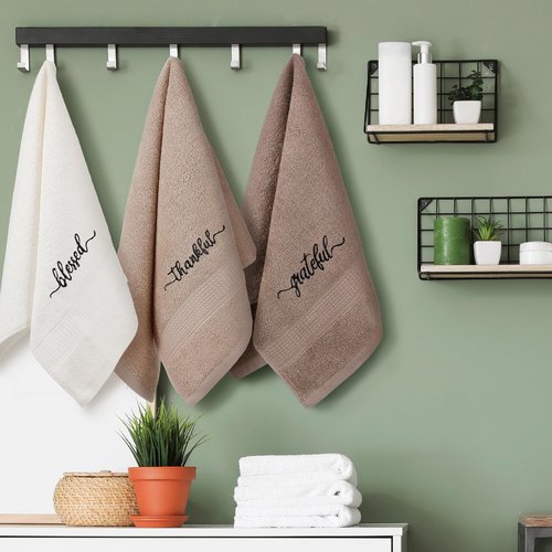 Peryiter 3 Pcs Farmhouse Bathroom Decor Hand Towels 14x29 Inch Cotton Bath Towels Rustic Embroidered for Boho Kitchen Decor Inspirational Christian Gift (Brown Series,Blessed Thankful Grateful)