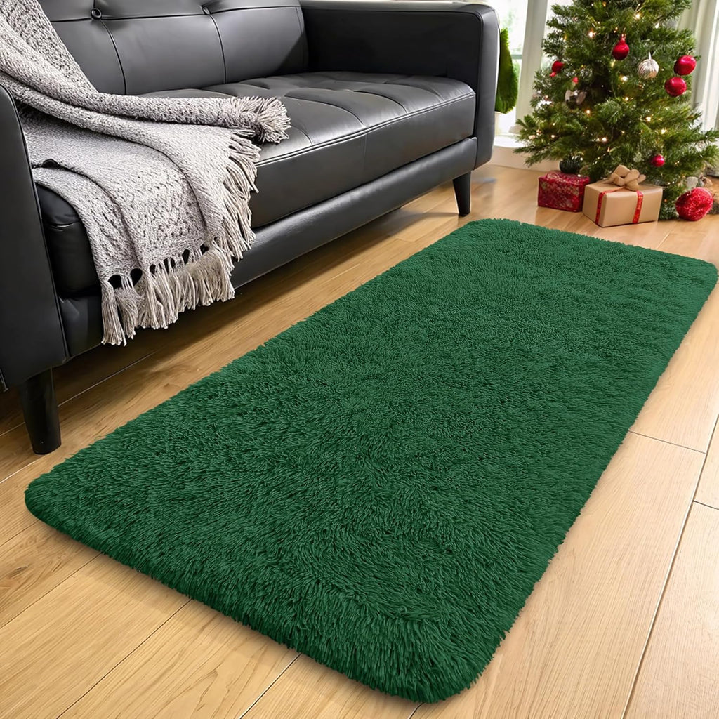 OLANLY Runner Rugs - Machine Washable Soft Fluffy Shaggy Design | Dark Green for Hallway & Bedroom