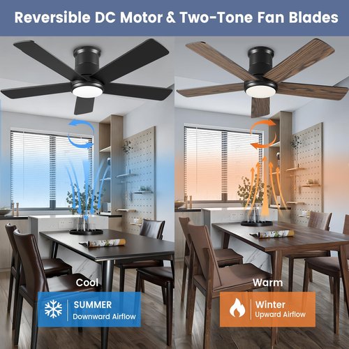 Autoday 42 Inch Ceiling Fans with Lights and Remote - Black Ceiling Fan with Light Low Profile, Flush Mount Indoor Outdoor Ceiling Fans for Patios Bedroom, 6 Speeds Reversible Quiet DC, 3CCT Dimmable