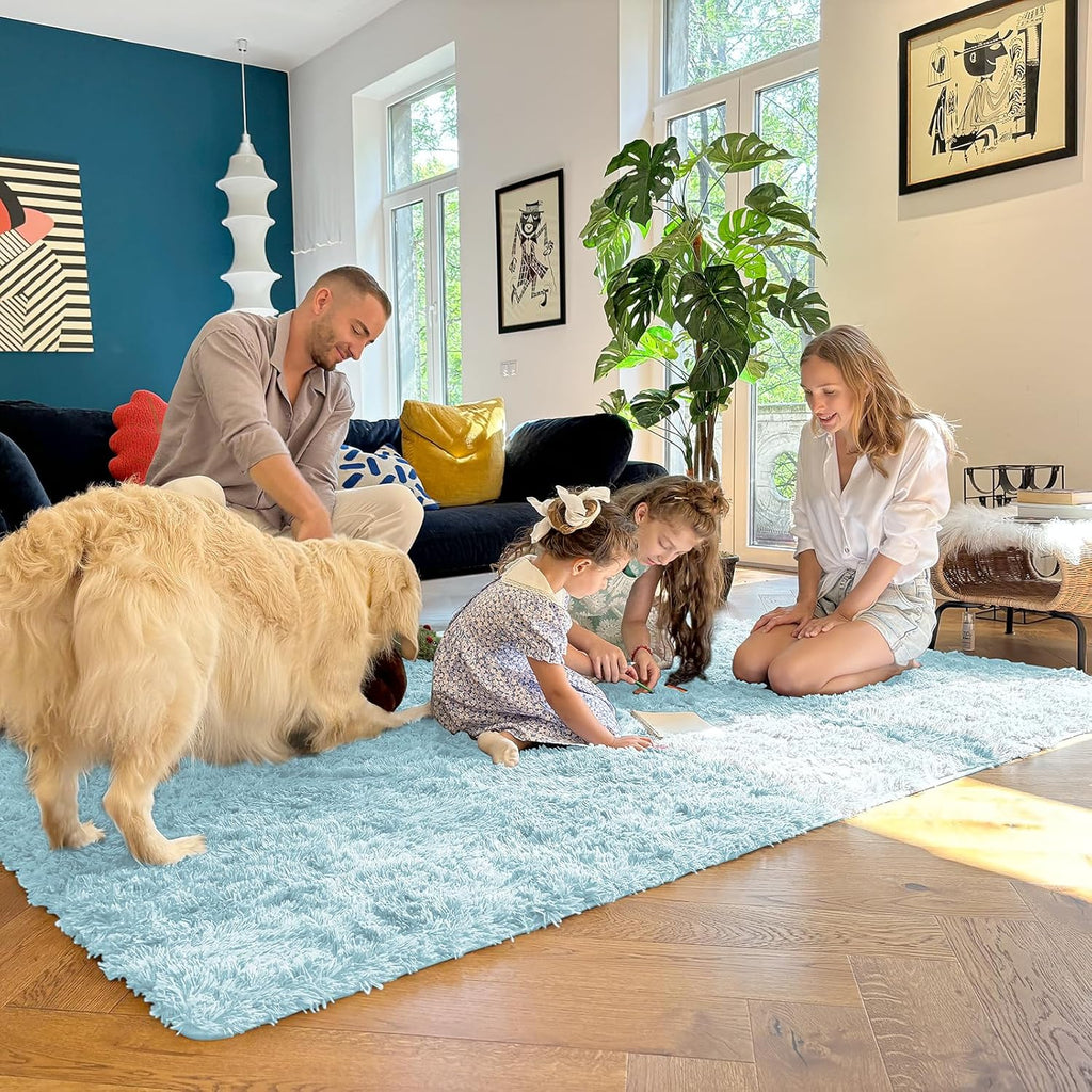 OLANLY Large Area Rug - Soft Fluffy Machine Washable Shaggy Carpet for Living Room & Bedroom | Light Blue