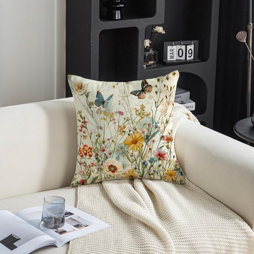 TAJWE Spring Floral Pillow Covers 18x18 Inch Set of 2 Wild Flowers Plant Butterfly Decorative Pillowcases Farmhouse Summer Seasonal Cushion Cases for Sofa Couch Home Decor