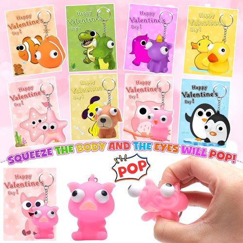 vewicokop Valentine's Day Cards for Kids School with Pop-Eye Animal Keychains,24 Pack Squeezy Fidget Toys with Pop Out Eyes for Classroom Exchange Prizes, Party Favors,Kids Valentine Gifts Set