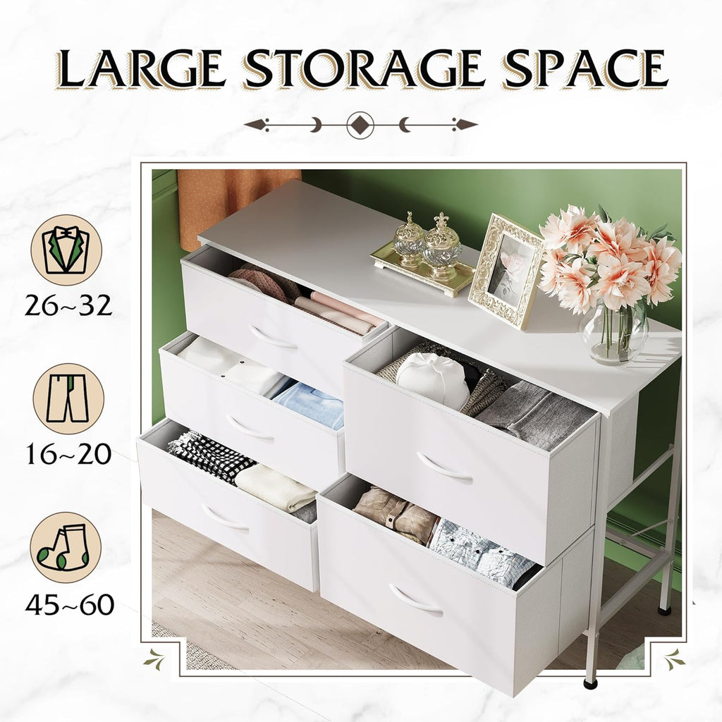 WLIVE White Dresser - 5 Drawer Fabric Chest for Bedroom, Living Room, Closet & Hallway