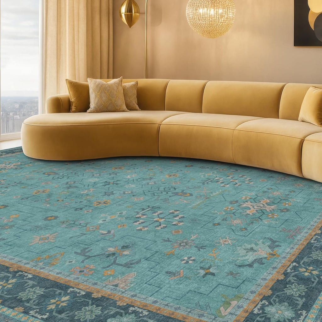 Teal Boho Area Rug by [Brand Name] - Washable Geometric Floral Design, Non-Slip Soft Carpet for Living Room & Dining Room