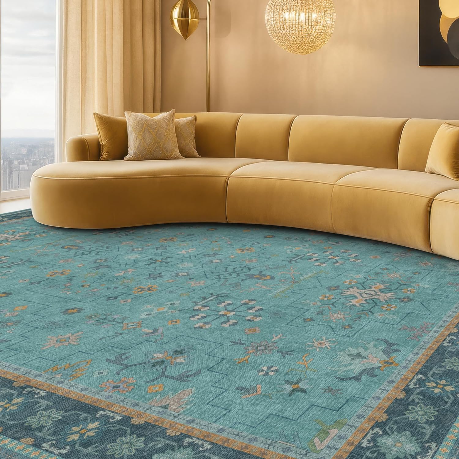 Teal Boho Area Rug by [Brand Name] - Washable Geometric Floral Design, Non-Slip Soft Carpet for Living Room & Dining Room