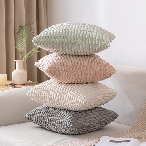 MIULEE Decorative Throw Pillow Covers - Soft Boho Striped Corduroy | 18x18 Inch, Light Green, Pack of 2