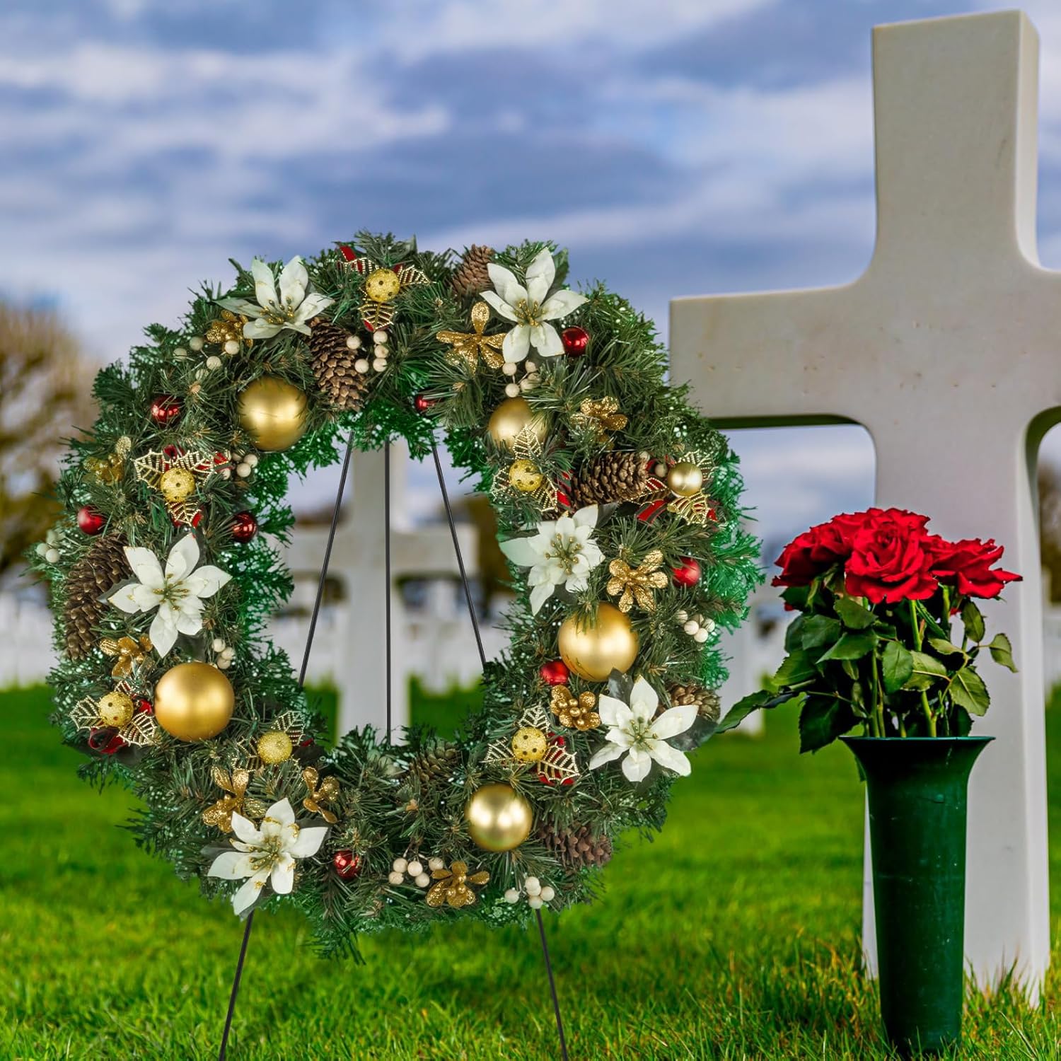 Soaoo Christmas Wreath Stand - Metal Easel for Cemetery Grave Flowers | 30-Inch Holder