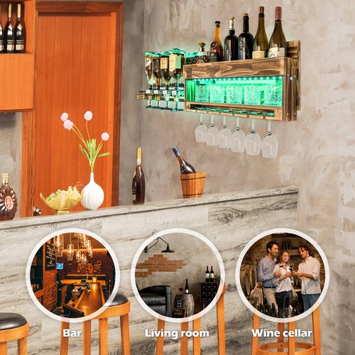Homde Wine Rack with LED Light Wall Mounted Wood Alcohol Shelf with Bottle Stemware Glass Holder Rustic Whiskey Display Storage with 4-Bottle Liquor Dispenser for Home Bar Kitchen Decor