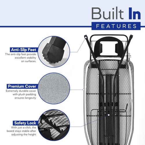 BKTD Extra-Wide Ironing Board – 48"×18" Large Surface (57" w/Iron Rest) • Built-in Clothes Rack, Hanger & Cord Holder • Heat-Resistant Cover • Heavy-Duty, No Wobble • Adjustable Height • Black Grey.