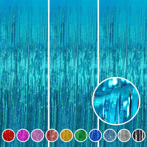 Melsan Foil Fringe Curtains - 3 Pack Tinsel Backdrop for Birthday, Baby Shower & Graduation | Teal 3.2 x 8.2 ft